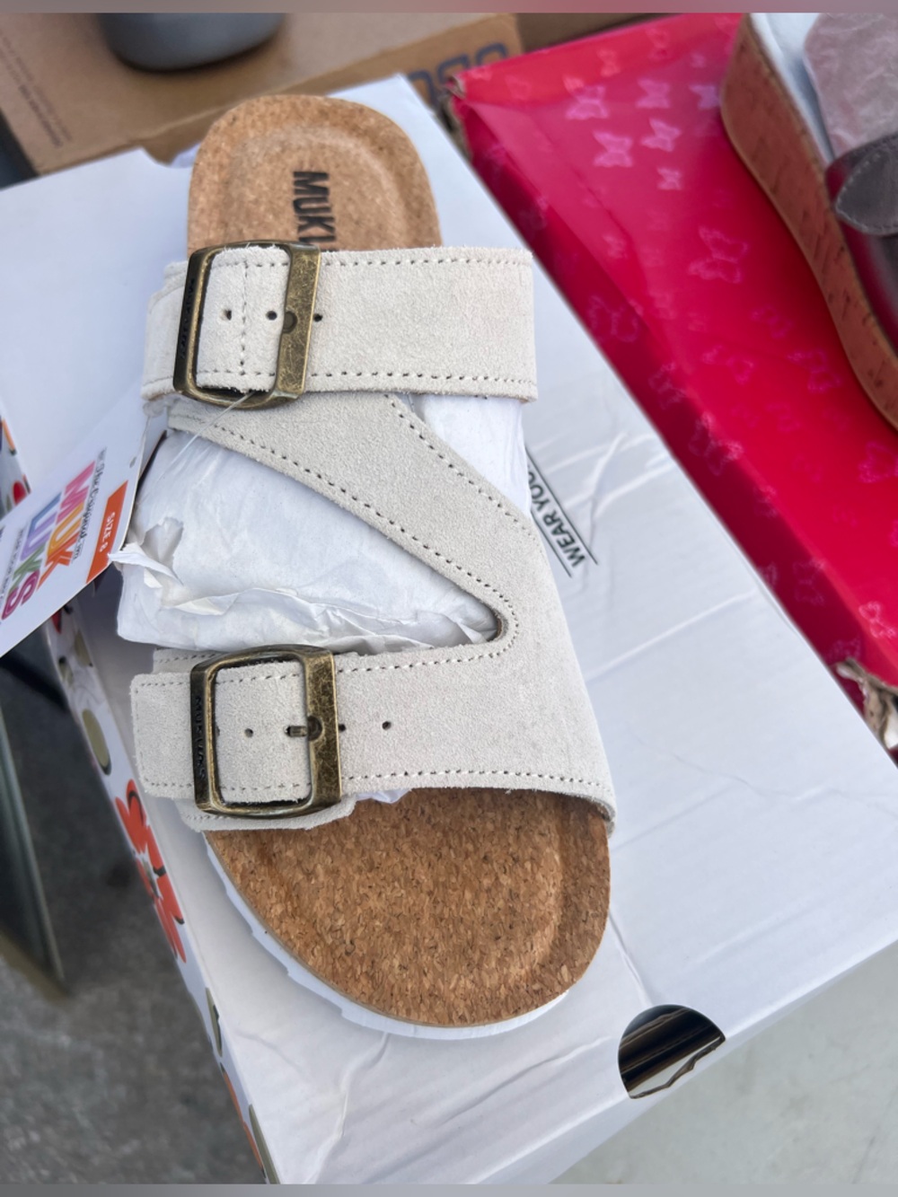 Muk Luks Cream Suede Cork Footbed Slide